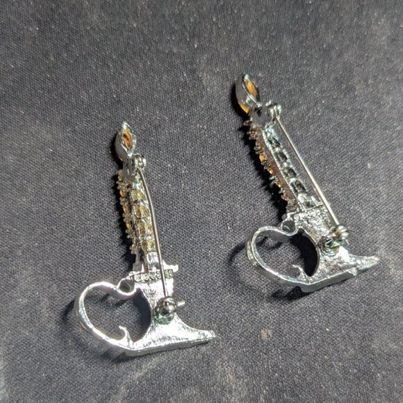 Silver Rhinestone Candlestick Brooch Set Red Flame Green Accents 2 Inches Vintag - Picture 4 of 7